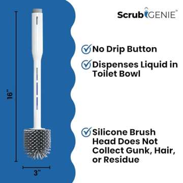 Scrub GENIE Toilet Bowl Brush, Toilet Brush with Cleaner in Handle, Silicone, NO Leaks, Toilet Brush and Holder Set, Optional Wall Mount