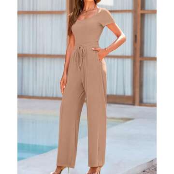 BTFBM Womens Casual 2 Pieces Outfits Dressy Square Neck Short Sleeve Bodysuit Drawstring Pants Knit Lounge Matching Sets(Solid Khaki, Medium)