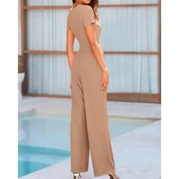 BTFBM Womens Casual 2 Pieces Outfits Dressy Square Neck Short Sleeve Bodysuit Drawstring Pants Knit Lounge Matching Sets(Solid Khaki, Medium)
