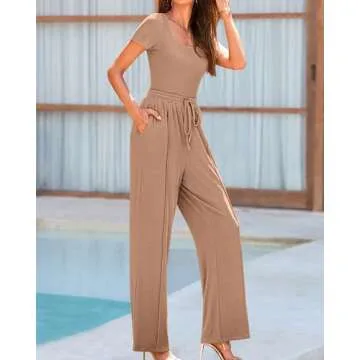 BTFBM Womens Casual 2 Pieces Outfits Dressy Square Neck Short Sleeve Bodysuit Drawstring Pants Knit Lounge Matching Sets(Solid Khaki, Medium)