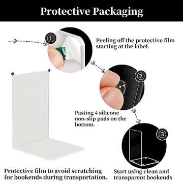 HappyHapi Book Ends, Acrylic Bookends, Clear Book Holders for Shelves, Book Organizer with 24 Pcs Silicone Non-Slip Mats for Library Office School (5 * 5 * 7.3 inch 3mm Thickness 3 Pairs/ 6 Pcs)