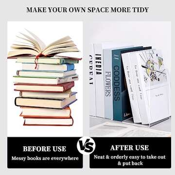 HappyHapi Book Ends, Acrylic Bookends, Clear Book Holders for Shelves, Book Organizer with 24 Pcs Silicone Non-Slip Mats for Library Office School (5 * 5 * 7.3 inch 3mm Thickness 3 Pairs/ 6 Pcs)