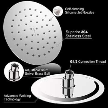 HOPOPRO 8 Inch Rain Showerhead High Pressure Fixed Shower Head Metal High Flow Rainfall Shower Head 304 Stainless Steel Tool-free Installation for Luxury Shower Experience
