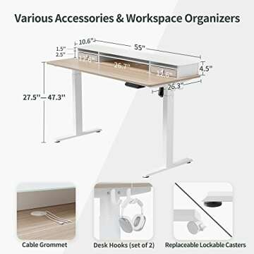 FEZIBO 55 x 24 Inch Height Adjustable Glass Electric Standing Desk with Double Drawer, Stand Up Desk with Storage Shelf, Sit Stand Desk, Light Walnut