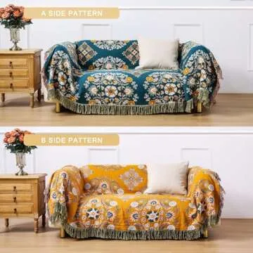 VANJOROY Boho Throw Blanket, 100% Cotton Soft Sofa Bed Throw-Floral Farmhouse Decor Blanket, Reversible Bohemian Throw for Chair Couch Quilt and Gift, 91" x 98"-Yellow