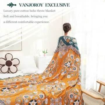 VANJOROY Boho Throw Blanket, 100% Cotton Soft Sofa Bed Throw-Floral Farmhouse Decor Blanket, Reversible Bohemian Throw for Chair Couch Quilt and Gift, 91" x 98"-Yellow