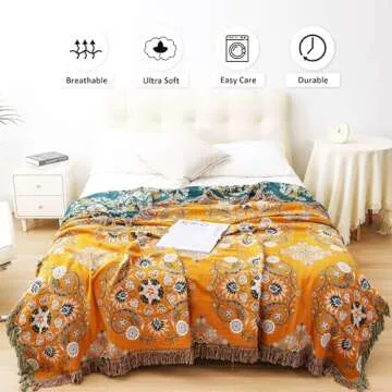 VANJOROY Boho Throw Blanket, 100% Cotton Soft Sofa Bed Throw-Floral Farmhouse Decor Blanket, Reversible Bohemian Throw for Chair Couch Quilt and Gift, 91" x 98"-Yellow