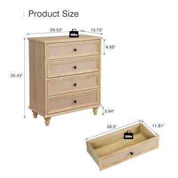 ORRD 4 Drawer Dresser: Mid Century Modern Style with Burlap Rattan Drawers