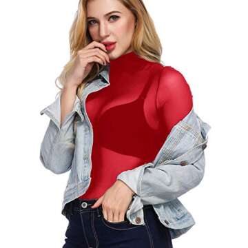 Sexy See Through Sheer Mesh Tops Long Sleeve T Shirts Blouse(M,Red)