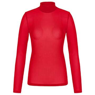 Sexy See Through Sheer Mesh Tops Long Sleeve T Shirts Blouse(M,Red)