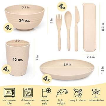 FOODLE Wheat Straw Dinnerware Sets for 4 - Lightweight & Unbreakable Dishes - Microwave & Dishwasher...