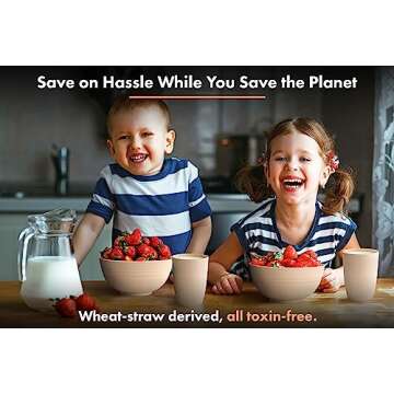 FOODLE Wheat Straw Dinnerware Sets for 4 - Lightweight & Unbreakable Dishes - Microwave & Dishwasher Safe - Perfect for Camping, Picnic, RV, Dorm - Plates, Cups and Bowls - Great for Kids & Adults