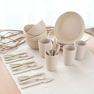 FOODLE Wheat Straw Dinnerware Sets for 4 - Lightweight & Unbreakable Dishes - Microwave & Dishwasher Safe - Perfect for Camping, Picnic, RV, Dorm - Plates, Cups and Bowls - Great for Kids & Adults