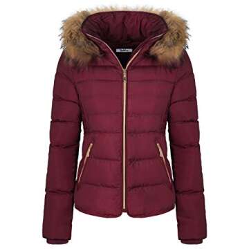 BodiLove Women's Winter Quilted Puffer Short Coat Jacket with Removable Faux Fur Hood and Zipper Burgundy S