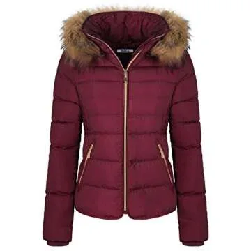 BodiLove Women's Winter Quilted Puffer Short Coat Jacket with Removable Faux Fur Hood and Zipper Burgundy S