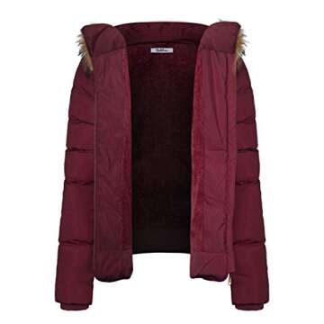 BodiLove Women's Winter Quilted Puffer Short Coat Jacket with Removable Faux Fur Hood and Zipper Burgundy S