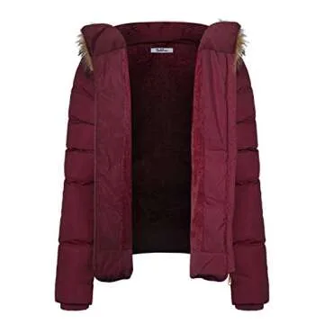 BodiLove Women's Winter Quilted Puffer Short Coat Jacket with Removable Faux Fur Hood and Zipper Burgundy S