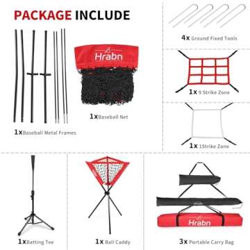 Hrabn Baseball Net Set 7 x 7ft Baseball Softball Practice Net with Batting Tee Ball Caddy Strike Zon...