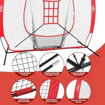 Hrabn Baseball Net Set 7 x 7ft Baseball Softball Practice Net with Batting Tee Ball Caddy Strike Zone Target and Travel Carry Bag for Batting and Pitching Portable Baseball Net Baseball Training