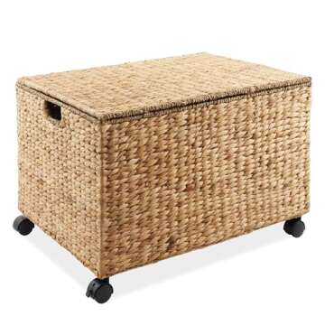 Casafield Rolling Storage Basket Cart with Lid and Locking Wheels, Natural - Handwoven Water Hyacinth Divided Recycling Sorting Bin for Kitchen, Laundry Room, Garage