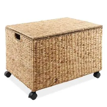 Casafield Rolling Storage Basket Cart with Lid and Locking Wheels, Natural - Handwoven Water Hyacinth Divided Recycling Sorting Bin for Kitchen, Laundry Room, Garage