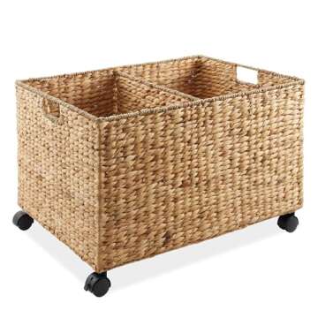 Casafield Rolling Storage Basket Cart with Lid and Locking Wheels, Natural - Handwoven Water Hyacinth Divided Recycling Sorting Bin for Kitchen, Laundry Room, Garage