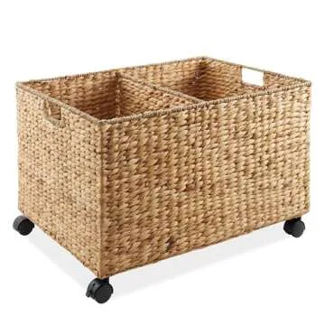 Casafield Rolling Storage Basket Cart with Lid and Locking Wheels, Natural - Handwoven Water Hyacinth Divided Recycling Sorting Bin for Kitchen, Laundry Room, Garage