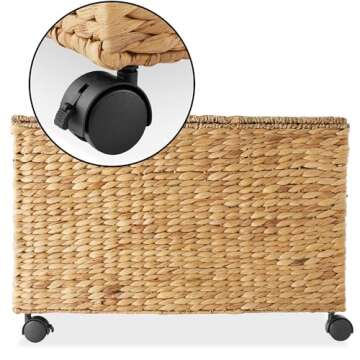Casafield Rolling Storage Basket Cart with Lid and Locking Wheels, Natural - Handwoven Water Hyacinth Divided Recycling Sorting Bin for Kitchen, Laundry Room, Garage