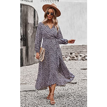 PRETTYGARDEN Women's Long Sleeve Vintage Flowy Dress Floral Print V-Neck Maxi Dresses with Belt