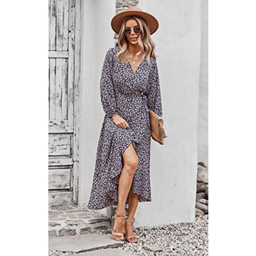 PRETTYGARDEN Women's Long Sleeve Vintage Flowy Dress Floral Print V-Neck Maxi Dresses with Belt