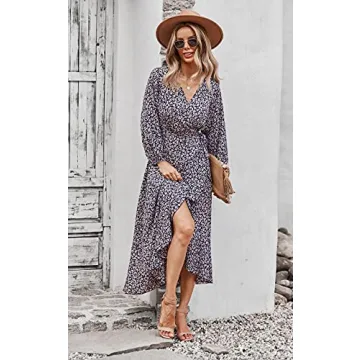 PRETTYGARDEN Women's Long Sleeve Vintage Flowy Dress Floral Print V-Neck Maxi Dresses with Belt