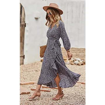 PRETTYGARDEN Women's Long Sleeve Vintage Flowy Dress Floral Print V-Neck Maxi Dresses with Belt