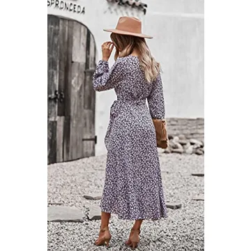 PRETTYGARDEN Women's Long Sleeve Vintage Flowy Dress Floral Print V-Neck Maxi Dresses with Belt