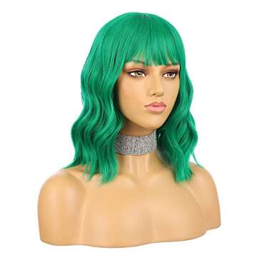 eNilecor Green Wig, Colored Green Bob Wigs for Women, Short Curly Wavy Wig with Bangs, Shoulder Leng...