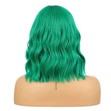 eNilecor Green Wig, Colored Green Bob Wigs for Women, Short Curly Wavy Wig with Bangs, Shoulder Length Natural Looking Heat Resistant Synthetic Wigs for Party, Cosplay, Fun, Daily Wear