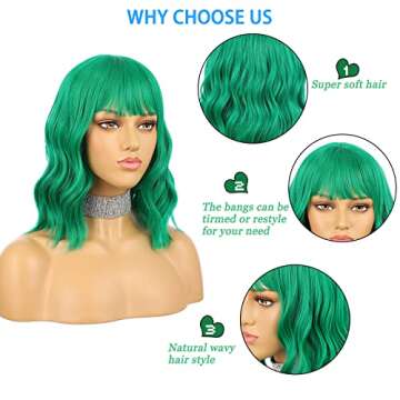 eNilecor Green Wig, Colored Green Bob Wigs for Women, Short Curly Wavy Wig with Bangs, Shoulder Length Natural Looking Heat Resistant Synthetic Wigs for Party, Cosplay, Fun, Daily Wear