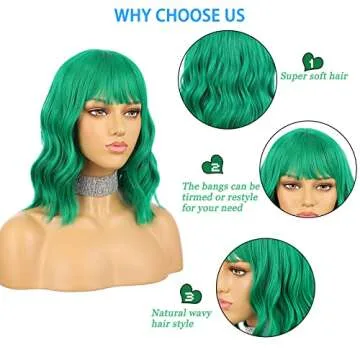 eNilecor Green Wig, Colored Green Bob Wigs for Women, Short Curly Wavy Wig with Bangs, Shoulder Length Natural Looking Heat Resistant Synthetic Wigs for Party, Cosplay, Fun, Daily Wear