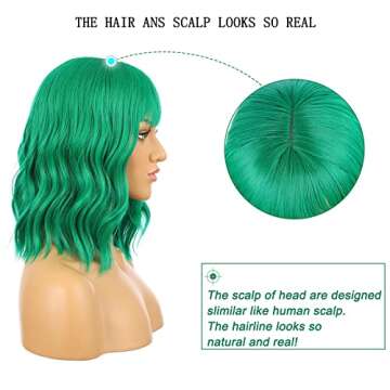 eNilecor Green Wig, Colored Green Bob Wigs for Women, Short Curly Wavy Wig with Bangs, Shoulder Length Natural Looking Heat Resistant Synthetic Wigs for Party, Cosplay, Fun, Daily Wear