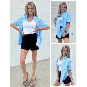 Stylish HOTOUCH Women’s V Neck Cotton Blouse Top Sky Blue