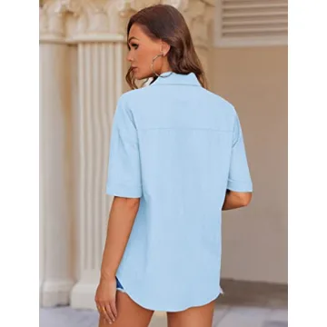 Stylish HOTOUCH Women’s V Neck Cotton Blouse Top Sky Blue