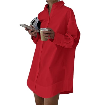 LYANER Women's Casual Shirt Dress Collar V Neck Button Down Loose Long Sleeve Mini Dresses Red Mediu...