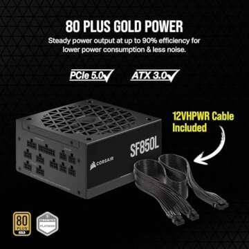 Corsair SF850L Fully Modular Low-Noise SFX Power Supply - ATX 3.0 & PCIe 5.0 Compliant - Quiet 120mm PWM Fan - 80 Plus Gold Efficiency - Zero RPM Mode - 105°C-Rated Capacitors - Black (Renewed)