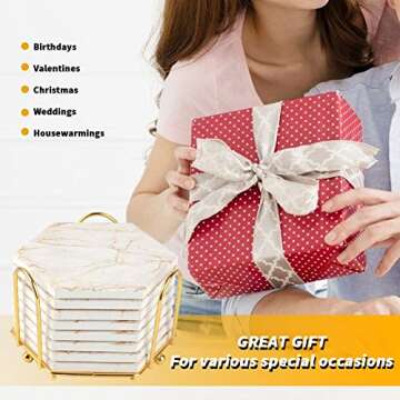 Marble Coasters for Drinks Absorbent with Cork Base, 8pcs Drink Coasters for Wooden Table with Metal Holder, Gold Ceramic Cup Coaster Set Rustic Home Decor for Living Room Bar - Housewarming Gifts