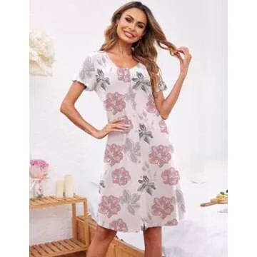 Ekouaer Women's Nightshirt Short Sleeve Button Down Nightgown V-Neck Sleepwear Pajama Dress