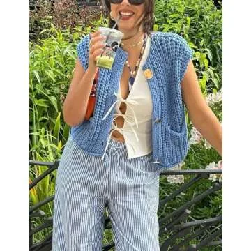 Megfie Womens Oversized Cardigan Sweaters Chunky Sweater Tank Tops Knit Vest Cropped Knitted Sweater Vest for Women Blue