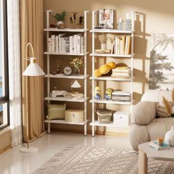 aboxoo Ladder Shelf 2 PCS White Bookshelf 5-Tier Wooden Open Shelf Wall-Mounted Wood Rack Industrial...
