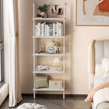 aboxoo Ladder Shelf 2 PCS White Bookshelf 5-Tier Wooden Open Shelf Wall-Mounted Wood Rack Industrial Modern Plant Flower Stand Utility Organizer Bookcase Metal Frame Furniture Office Kitchen Bedroom