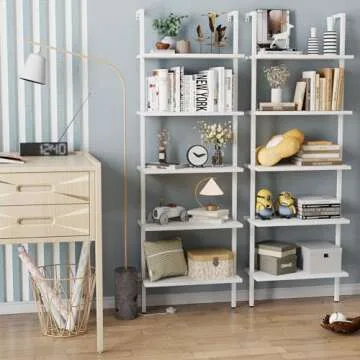 aboxoo Ladder Shelf 2 PCS White Bookshelf 5-Tier Wooden Open Shelf Wall-Mounted Wood Rack Industrial Modern Plant Flower Stand Utility Organizer Bookcase Metal Frame Furniture Office Kitchen Bedroom