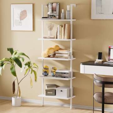 aboxoo Ladder Shelf 2 PCS White Bookshelf 5-Tier Wooden Open Shelf Wall-Mounted Wood Rack Industrial Modern Plant Flower Stand Utility Organizer Bookcase Metal Frame Furniture Office Kitchen Bedroom