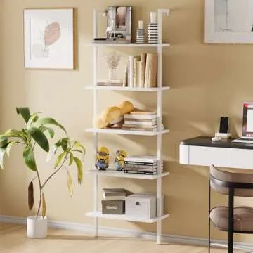 aboxoo Ladder Shelf 2 PCS White Bookshelf 5-Tier Wooden Open Shelf Wall-Mounted Wood Rack Industrial Modern Plant Flower Stand Utility Organizer Bookcase Metal Frame Furniture Office Kitchen Bedroom